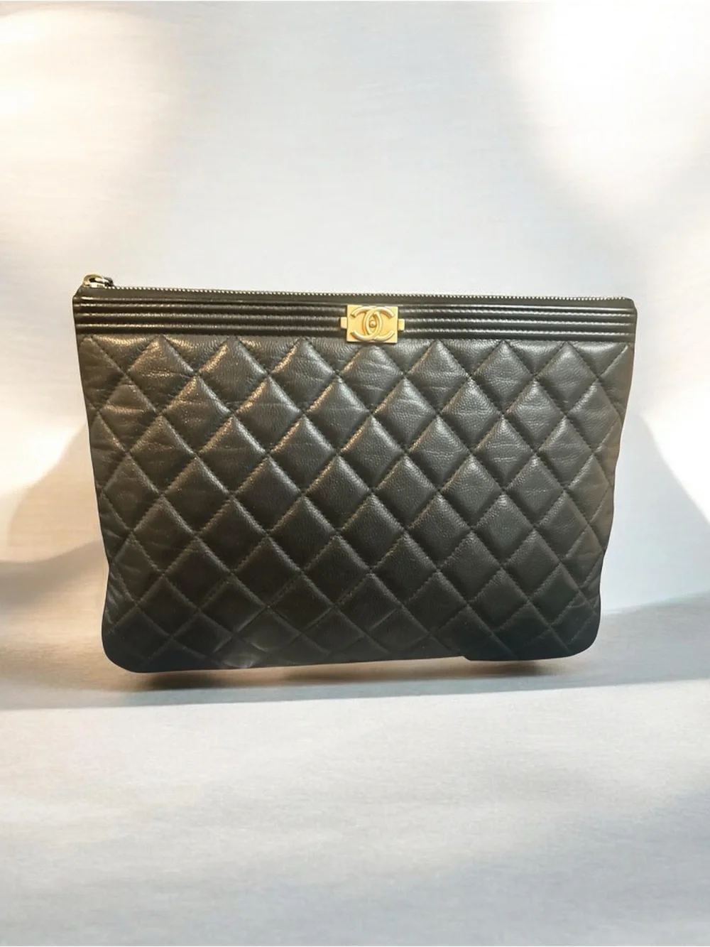 CHANEL Black Quilted Leather Boy-O Case Clutch with Gold CC Accent